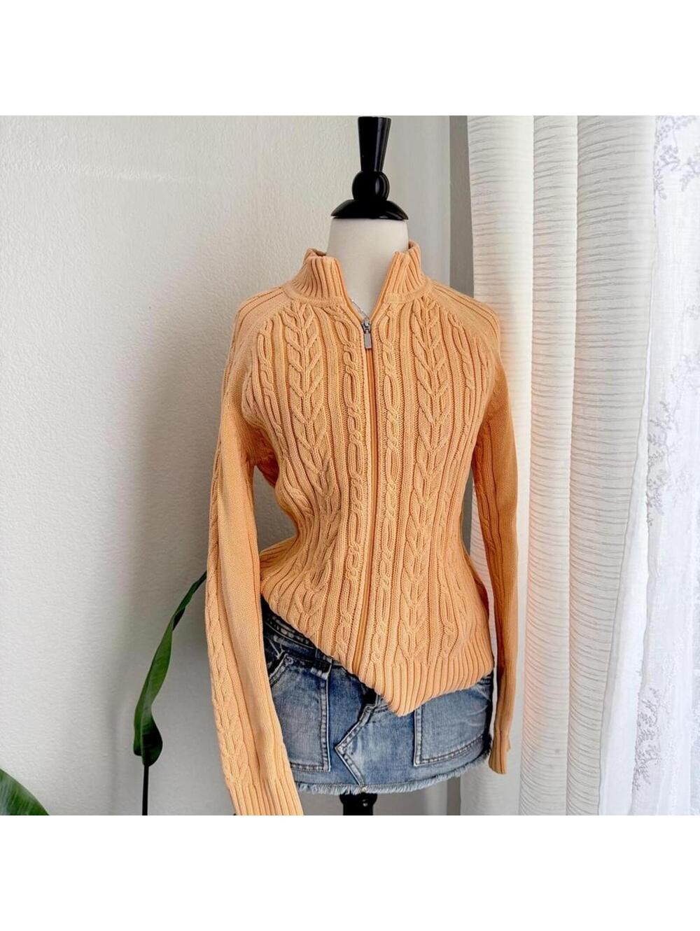 Vintage Peach Cable Knit Zip Sweater